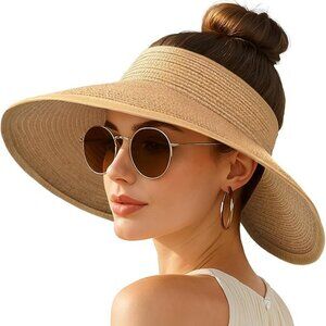 Women's SunVisor Hats Wide Brim Straw Beach Hat Ponytail Hats for Women Foldable